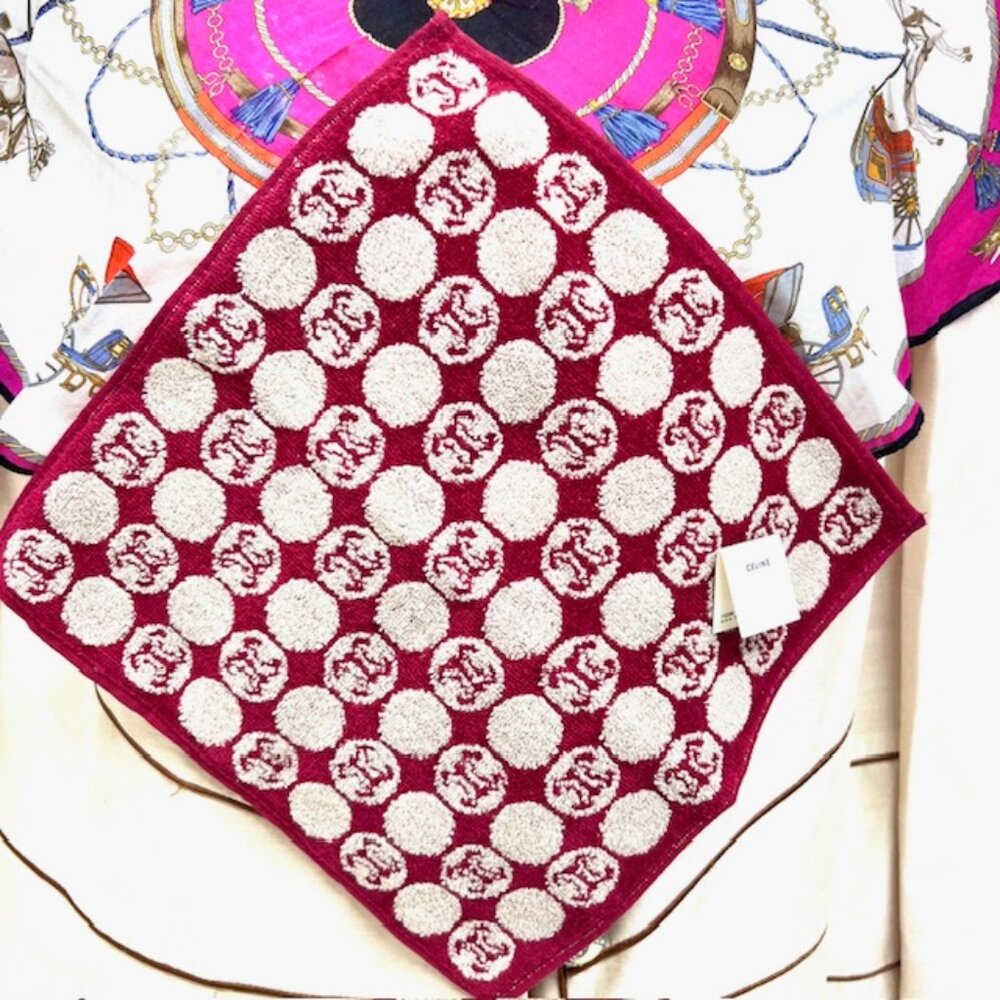 Set of 2 Celine Paris 1 Handkerchief 19" Cotton +1 Hand Towel 10" pink horse(67) - Picture 5 of 7